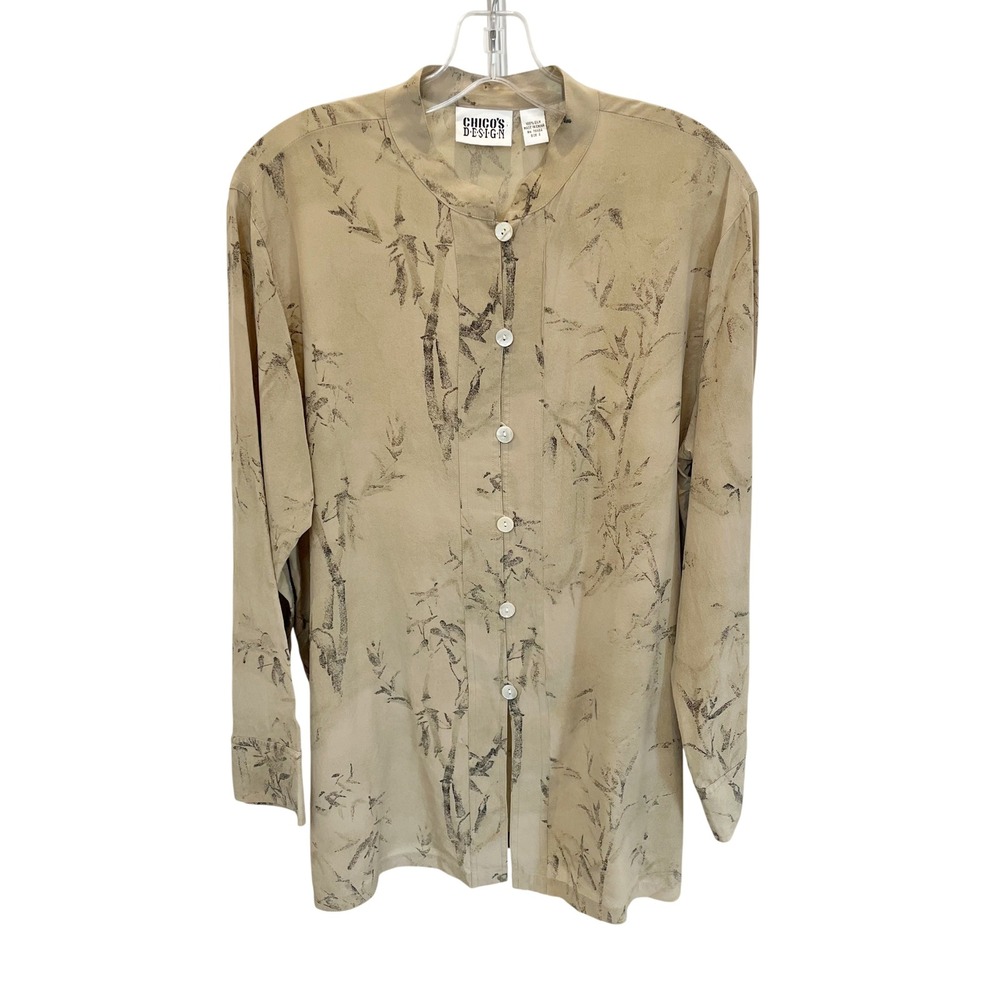 Chicos 100% Silk Bamboo Print Button Blouse Tan Oriental Artsy - Size 2 Large